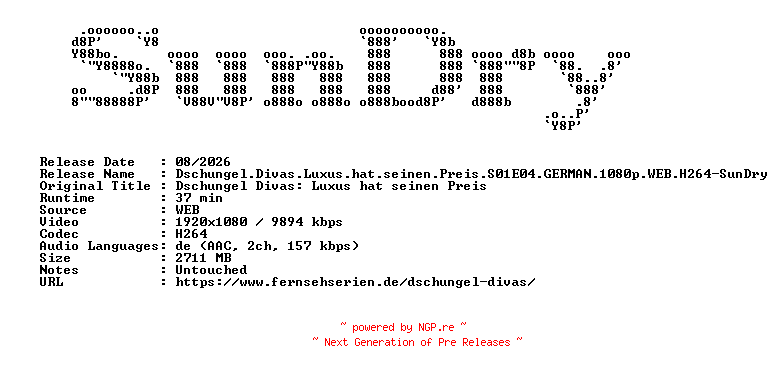 NFO for the release Dschungel.Divas.Luxus.hat.seinen.Preis.S01E04.GERMAN.1080p.WEB.H264-SunDry by SunDry