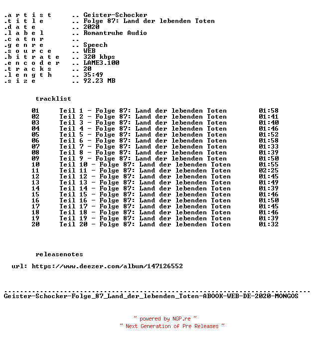 NFO for the release Geister-Schocker-Folge_087_Land_der_lebenden_Toten-ABOOK-WEB-DE-2020-MONGOS by MONGOS