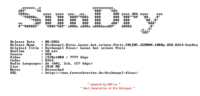 NFO for the release Dschungel.Divas.Luxus.hat.seinen.Preis.S01E05.GERMAN.1080p.WEB.H264-SunDry by SunDry