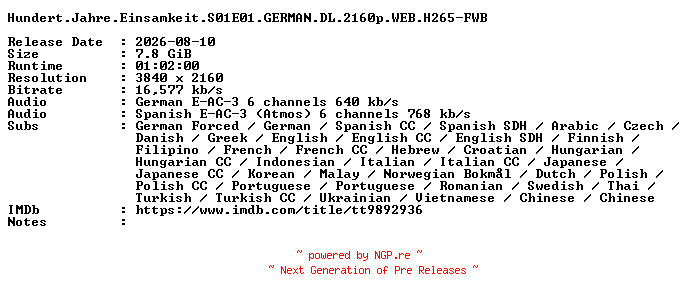 NFO for the release Hundert.Jahre.Einsamkeit.S01E01.GERMAN.DL.2160p.WEB.H265-FWB by FWB