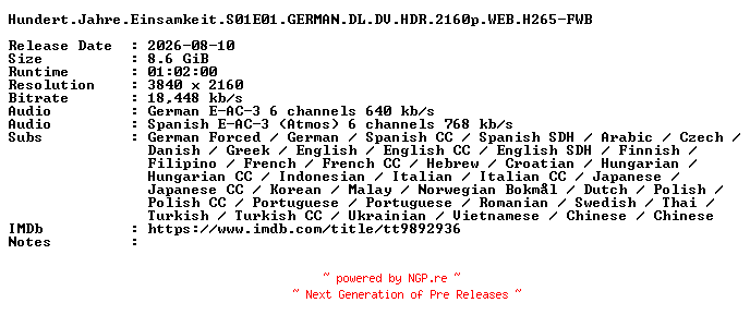 NFO for the release Hundert.Jahre.Einsamkeit.S01E01.GERMAN.DL.DV.HDR.2160p.WEB.H265-FWB by FWB