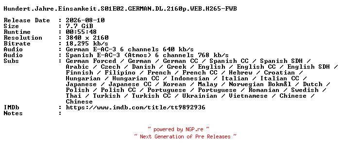 NFO for the release Hundert.Jahre.Einsamkeit.S01E02.GERMAN.DL.2160p.WEB.H265-FWB by FWB