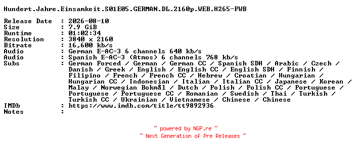 NFO for the release Hundert.Jahre.Einsamkeit.S01E05.GERMAN.DL.2160p.WEB.H265-FWB by FWB