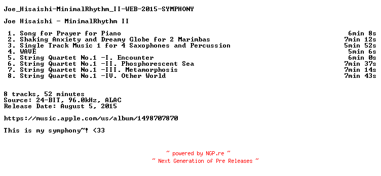 NFO for the release Joe_Hisaishi-MinimalRhythm_II-WEB-2015-SYMPHONY by SYMPHONY