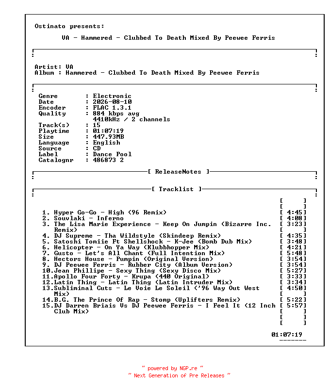 NFO for the release VA-Hammered_-_Clubbed_To_Death_Mixed_By_Peewee_Ferris-(486873_2)-CD-FLAC-1996-OTT by OTT