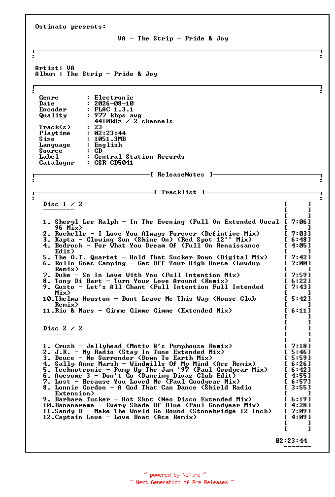 NFO for the release VA-The_Strip_Pride_and_Joy-(CSR_CD5041)-2CD-FLAC-1997-OTT by OTT