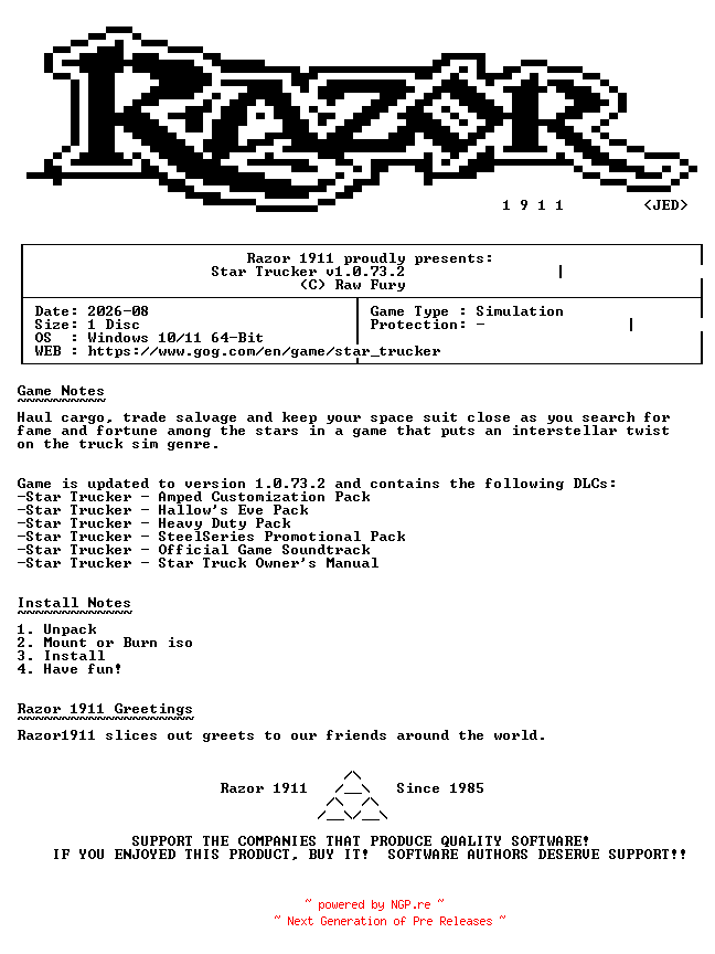 NFO for the release Star_Trucker_v1.0.73.2-Razor1911 by Razor1911