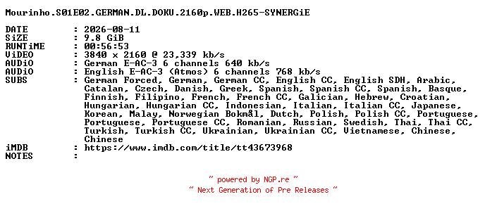 NFO for the release Mourinho.S01E02.GERMAN.DL.DOKU.2160p.WEB.H265-SYNERGiE by SYNERGiE