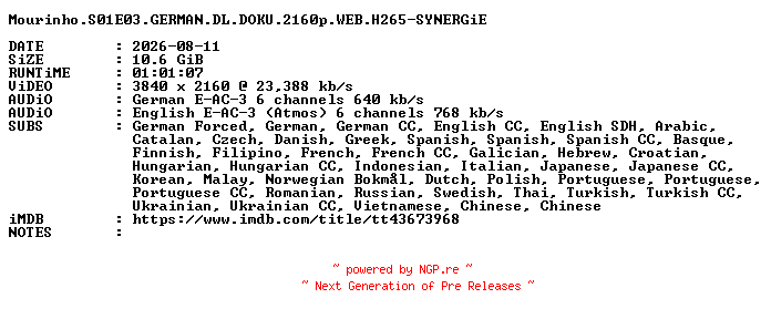 NFO for the release Mourinho.S01E03.GERMAN.DL.DOKU.2160p.WEB.H265-SYNERGiE by SYNERGiE