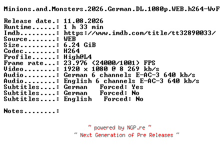NFO for the release Minions.and.Monsters.2026.German.DL.1080p.WEB.h264-WvF by WvF