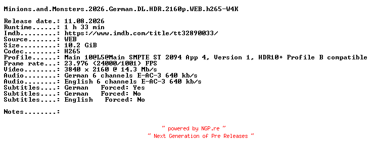 NFO for the release Minions.and.Monsters.2026.German.DL.HDR.2160p.WEB.h265-W4K by W4K