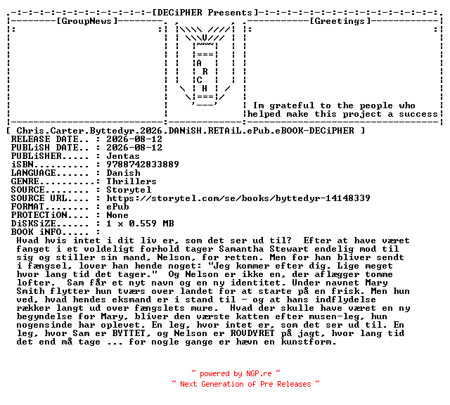 NFO for the release Chris.Carter.Byttedyr.2026.DANiSH.RETAiL.ePub.eBOOK-DECiPHER by DECiPHER