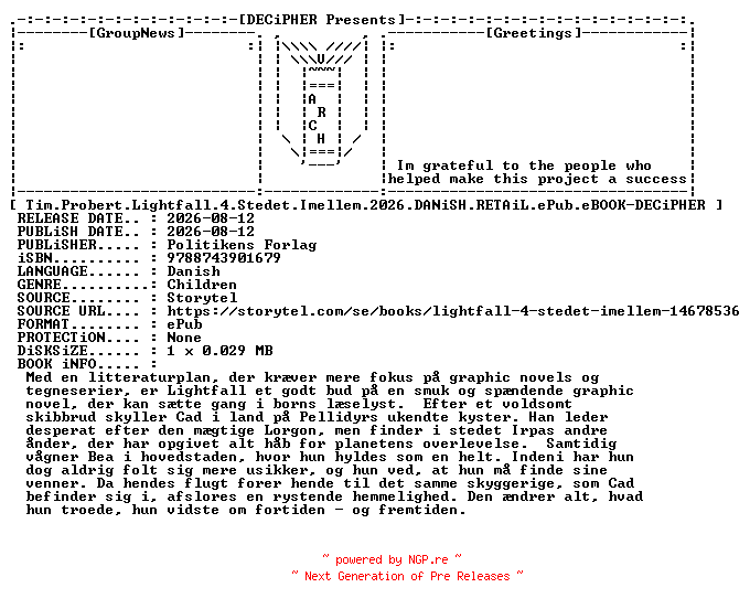 NFO for the release Tim.Probert.Lightfall.4.Stedet.Imellem.2026.DANiSH.RETAiL.ePub.eBOOK-DECiPHER by DECiPHER