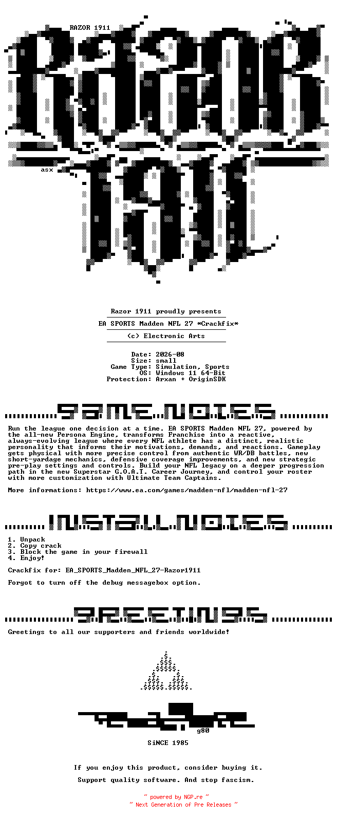 NFO for the release EA_SPORTS_Madden_NFL_27_Crackfix-Razor1911 by Razor1911