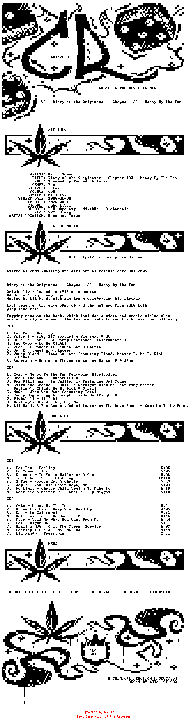 NFO for the release VA-DJ_Screw-Diary_Of_The_Originator_Chapter_133-Money_By_The_Ton-Reissue-2CDR-FLAC-2005-CALiFLAC by CALiFLAC
