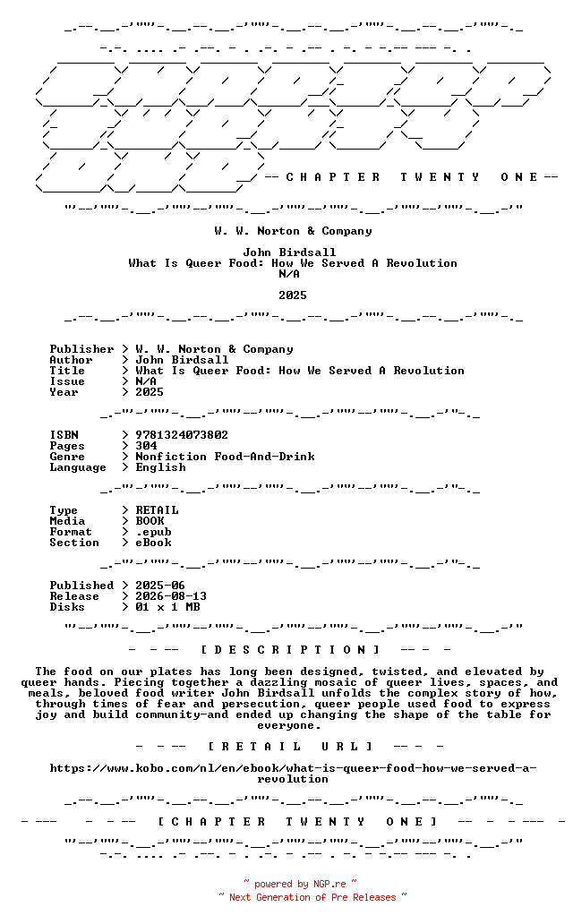 NFO for the release John.Birdsall.-.What.Is.Queer.Food.How.We.Served.A.Revolution.2025.RETAIL.EPUB.eBook-CTO by CTO