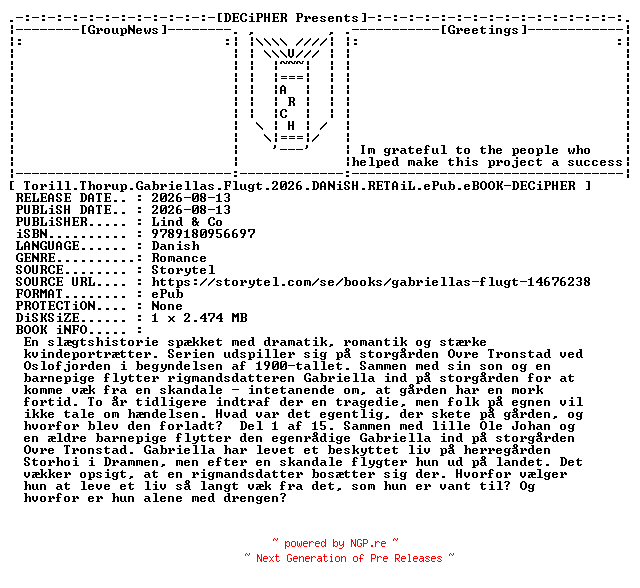 NFO for the release Torill.Thorup.Gabriellas.Flugt.2026.DANiSH.RETAiL.ePub.eBOOK-DECiPHER by DECiPHER