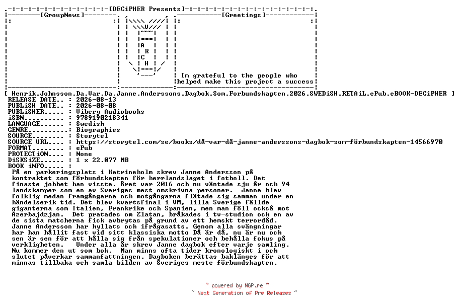 NFO for the release Henrik.Johnsson.Da.Var.Da.Janne.Anderssons.Dagbok.Som.Forbundskapten.2026.SWEDiSH.RETAiL.ePub.eBOOK-DECiPHER by DECiPHER