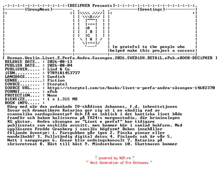 NFO for the release Herman.Wenlin.Livet.E.Perfa.Andra.Sasongen.2026.SWEDiSH.RETAiL.ePub.eBOOK-DECiPHER by DECiPHER
