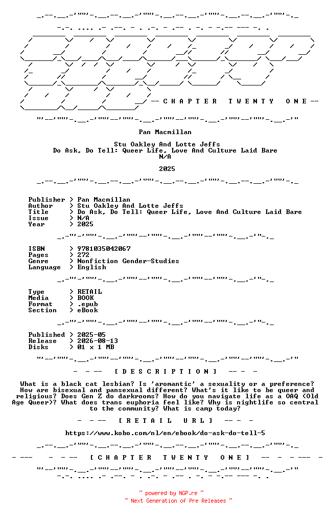 NFO for the release Stu.Oakley.And.Lotte.Jeffs.-.Do.Ask.Do.Tell.Queer.Life.Love.And.Culture.Laid.Bare.2025.RETAIL.EPUB.eBook-CTO by CTO