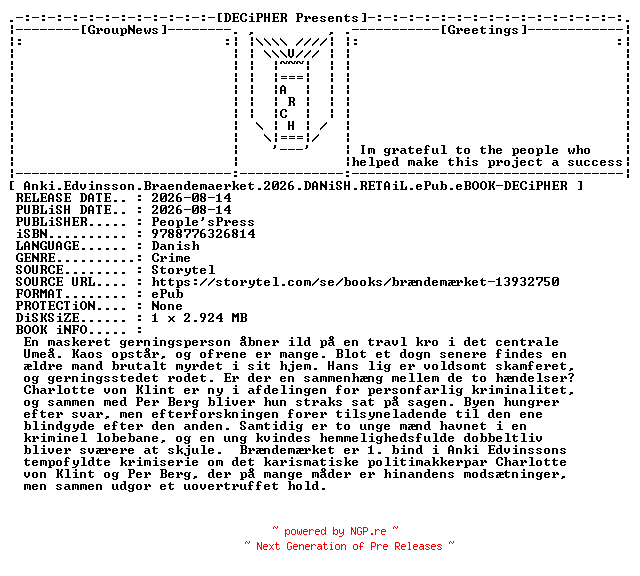 NFO for the release Anki.Edvinsson.Braendemaerket.2026.DANiSH.RETAiL.ePub.eBOOK-DECiPHER by DECiPHER