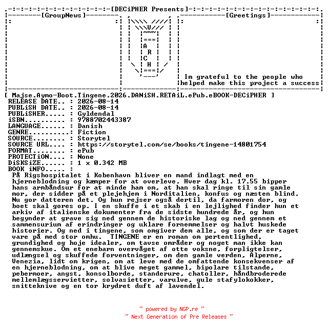 NFO for the release Majse.Aymo.Boot.Tingene.2026.DANiSH.RETAiL.ePub.eBOOK-DECiPHER by DECiPHER