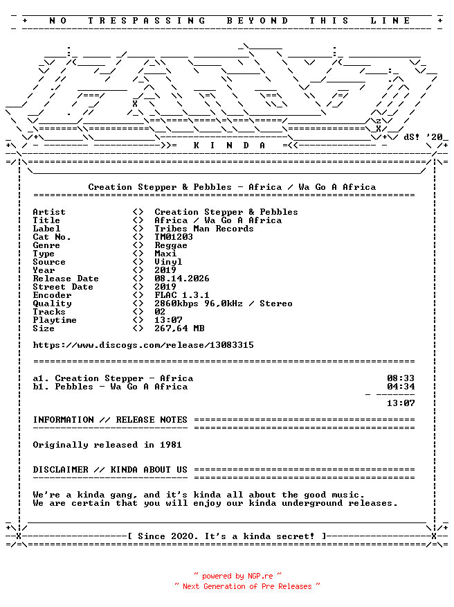 NFO for the release Creation_Stepper_and_Pebbles-Africa__Wa_Go_A_Africa-(TM01203)-REISSUE-12INCH_VINYL-FLAC-2019-KINDA by KINDA