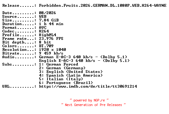 NFO for the release Forbidden.Fruits.2026.GERMAN.DL.1080P.WEB.H264-WAYNE by WAYNE