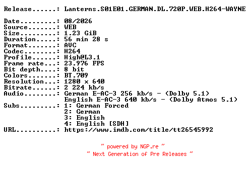 NFO for the release Lanterns.S01E01.GERMAN.DL.720P.WEB.H264-WAYNE by WAYNE