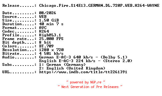 NFO for the release Chicago.Fire.S14E13.GERMAN.DL.720P.WEB.H264-WAYNE by WAYNE