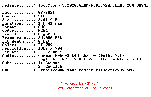 NFO for the release Toy.Story.5.2026.GERMAN.DL.720P.WEB.H264-WAYNE by WAYNE