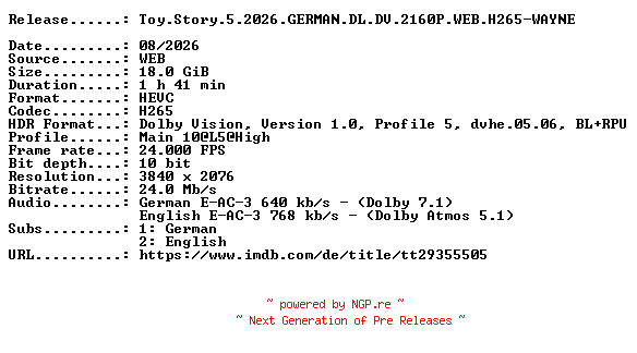 NFO for the release Toy.Story.5.2026.GERMAN.DL.DV.2160P.WEB.H265-WAYNE by WAYNE