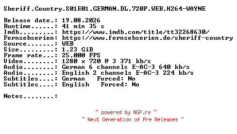 NFO for the release Sheriff.Country.S01E01.GERMAN.DL.720P.WEB.H264-WAYNE by WAYNE