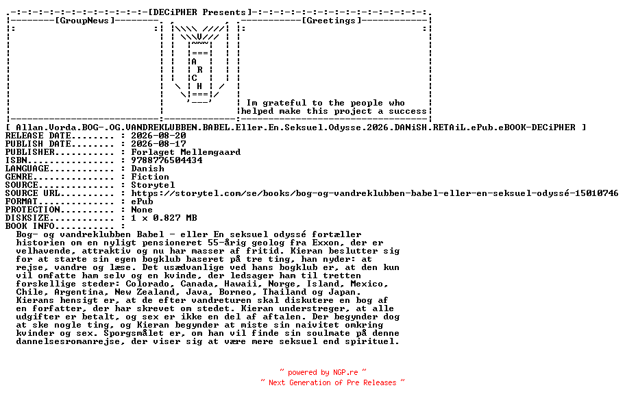 NFO for the release Allan.Vorda.Bog.Og.Vandreklubben.Babel.Eller.En.Seksuel.Odysse.2026.DANiSH.RETAiL.ePub.eBOOK-DECiPHER by DECiPHER