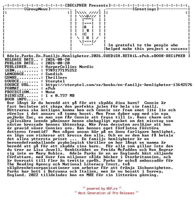 NFO for the release Adele.Parks.En.Familjs.Hemligheter.2026.SWEDiSH.RETAiL.ePub.eBOOK-DECiPHER by DECiPHER