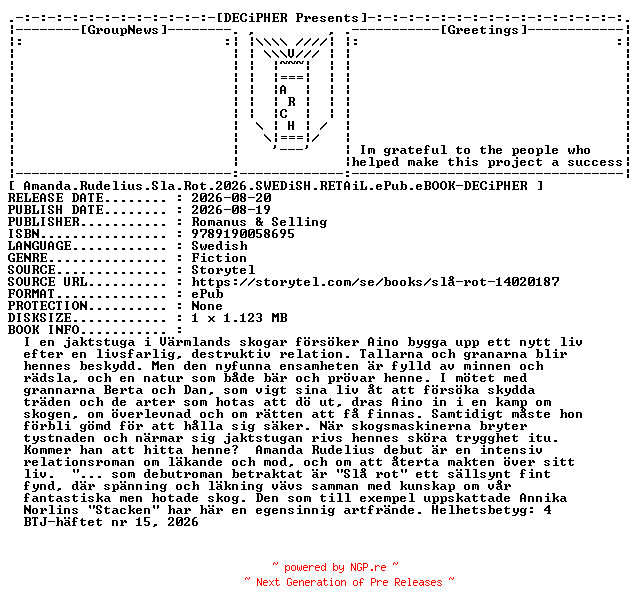 NFO for the release Amanda.Rudelius.Sla.Rot.2026.SWEDiSH.RETAiL.ePub.eBOOK-DECiPHER by DECiPHER