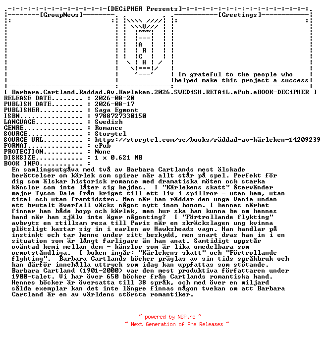 NFO for the release Barbara.Cartland.Raddad.Av.Karleken.2026.SWEDiSH.RETAiL.ePub.eBOOK-DECiPHER by DECiPHER