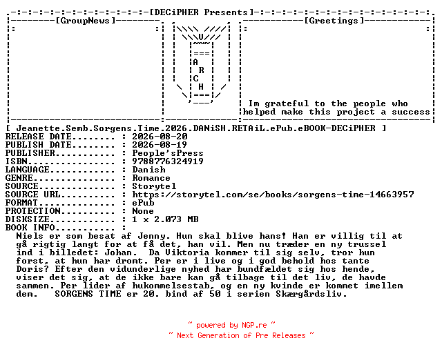 NFO for the release Jeanette.Semb.Sorgens.Time.2026.DANiSH.RETAiL.ePub.eBOOK-DECiPHER by DECiPHER