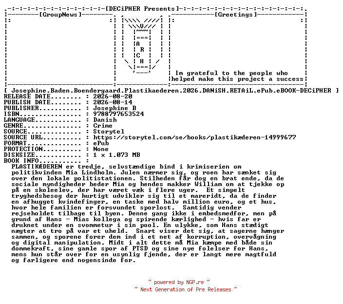 NFO for the release Josephine.Baden.Boendergaard.Plastikaederen.2026.DANiSH.RETAiL.ePub.eBOOK-DECiPHER by DECiPHER