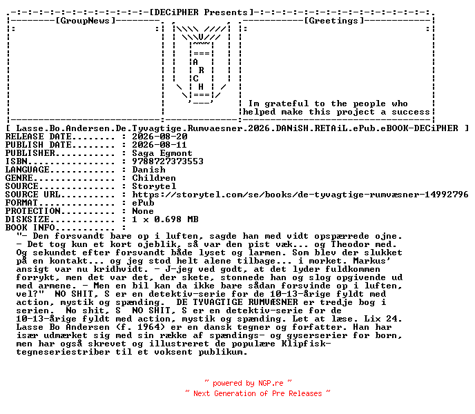 NFO for the release Lasse.Bo.Andersen.De.Tyvagtige.Rumvaesner.2026.DANiSH.RETAiL.ePub.eBOOK-DECiPHER by DECiPHER