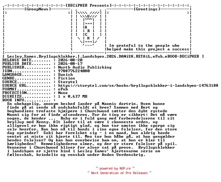 NFO for the release Lesley.Eames.Bryllupsklokker.I.Landsbyen.2026.DANiSH.RETAiL.ePub.eBOOK-DECiPHER by DECiPHER