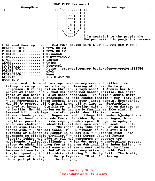 NFO for the release Linwood.Barclay.Uden.Et.Ord.2026.DANiSH.RETAiL.ePub.eBOOK-DECiPHER by DECiPHER