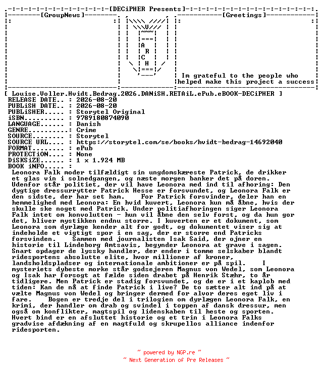 NFO for the release Louise.Voller.Hvidt.Bedrag.2026.DANiSH.RETAiL.ePub.eBOOK-DECiPHER by DECiPHER