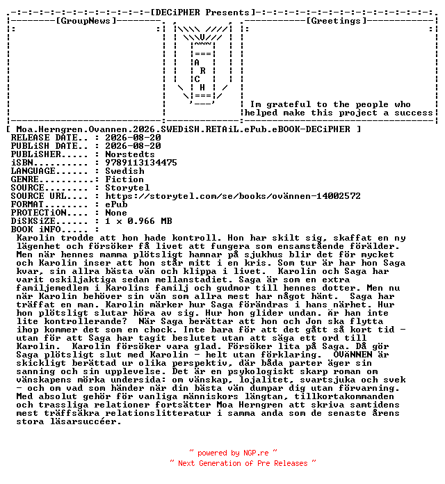 NFO for the release Moa.Herngren.Ovannen.2026.SWEDiSH.RETAiL.ePub.eBOOK-DECiPHER by DECiPHER