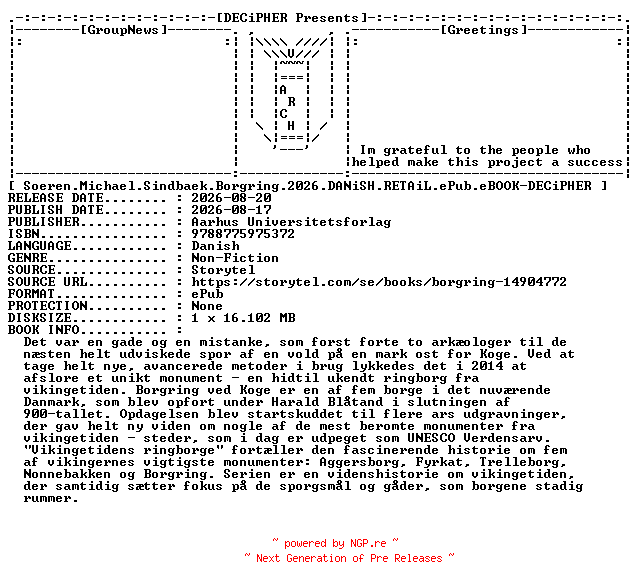 NFO for the release Soeren.Michael.Sindbaek.Borgring.2026.DANiSH.RETAiL.ePub.eBOOK-DECiPHER by DECiPHER