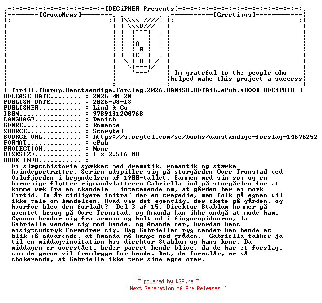 NFO for the release Torill.Thorup.Uanstaendige.Forslag.2026.DANiSH.RETAiL.ePub.eBOOK-DECiPHER by DECiPHER