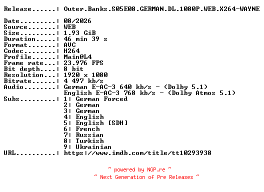 NFO for the release Outer.Banks.S05E08.GERMAN.DL.1080P.WEB.X264-WAYNE by WAYNE