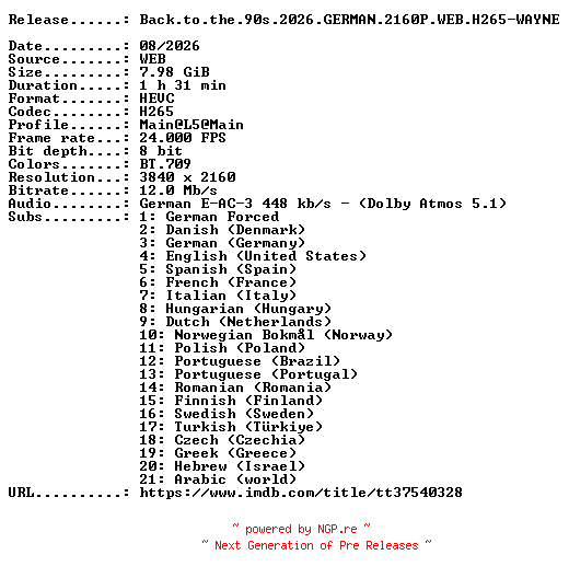 NFO for the release Back.to.the.90s.2026.GERMAN.2160P.WEB.H265-WAYNE by WAYNE