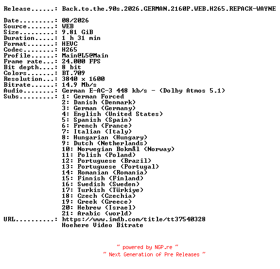 NFO for the release Back.to.the.90s.2026.GERMAN.2160P.WEB.H265.REPACK-WAYNE by WAYNE