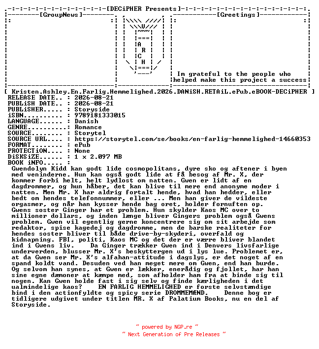 NFO for the release Kristen.Ashley.En.Farlig.Hemmelighed.2026.DANiSH.RETAiL.ePub.eBOOK-DECiPHER by DECiPHER